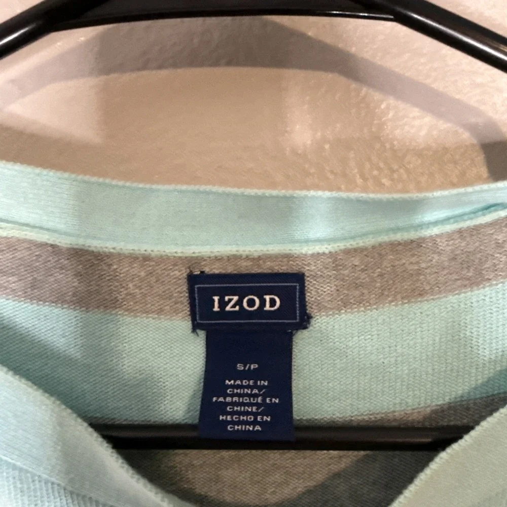 IZOD Sweater Striped Women's Small Blue White Mint Roll Tab Sleeve Nautical‎